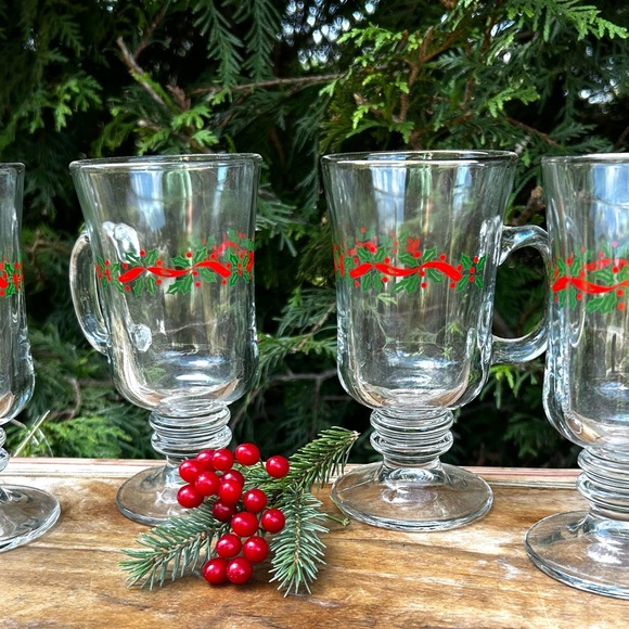 Vintage Libbey Irish Coffee Footed Christmas Mugs w Handles Set of 4 - Picture 11 of 12